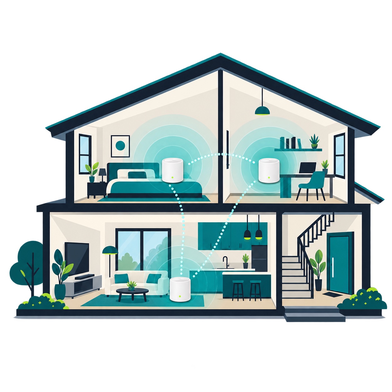 Illustratie van volledige wifi-dekking in een woning met TP-Link Deco